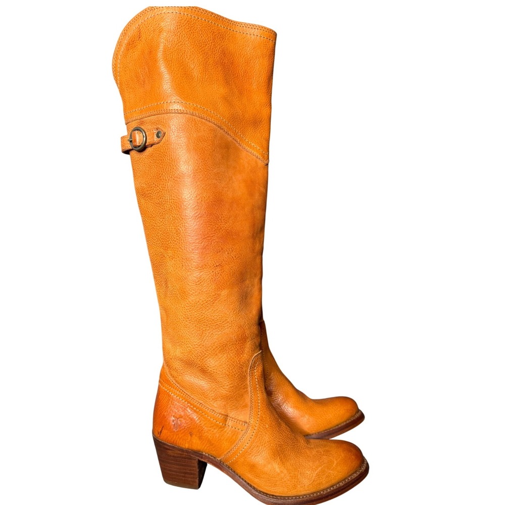 Frye Shirley Over The Knee Leather Boots Ginger Tan 7.5B 77595 Stacked Heel